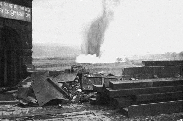 German bombs bursting in the Rhine near the Ludendorff Bridge at Remagen, March 1945.