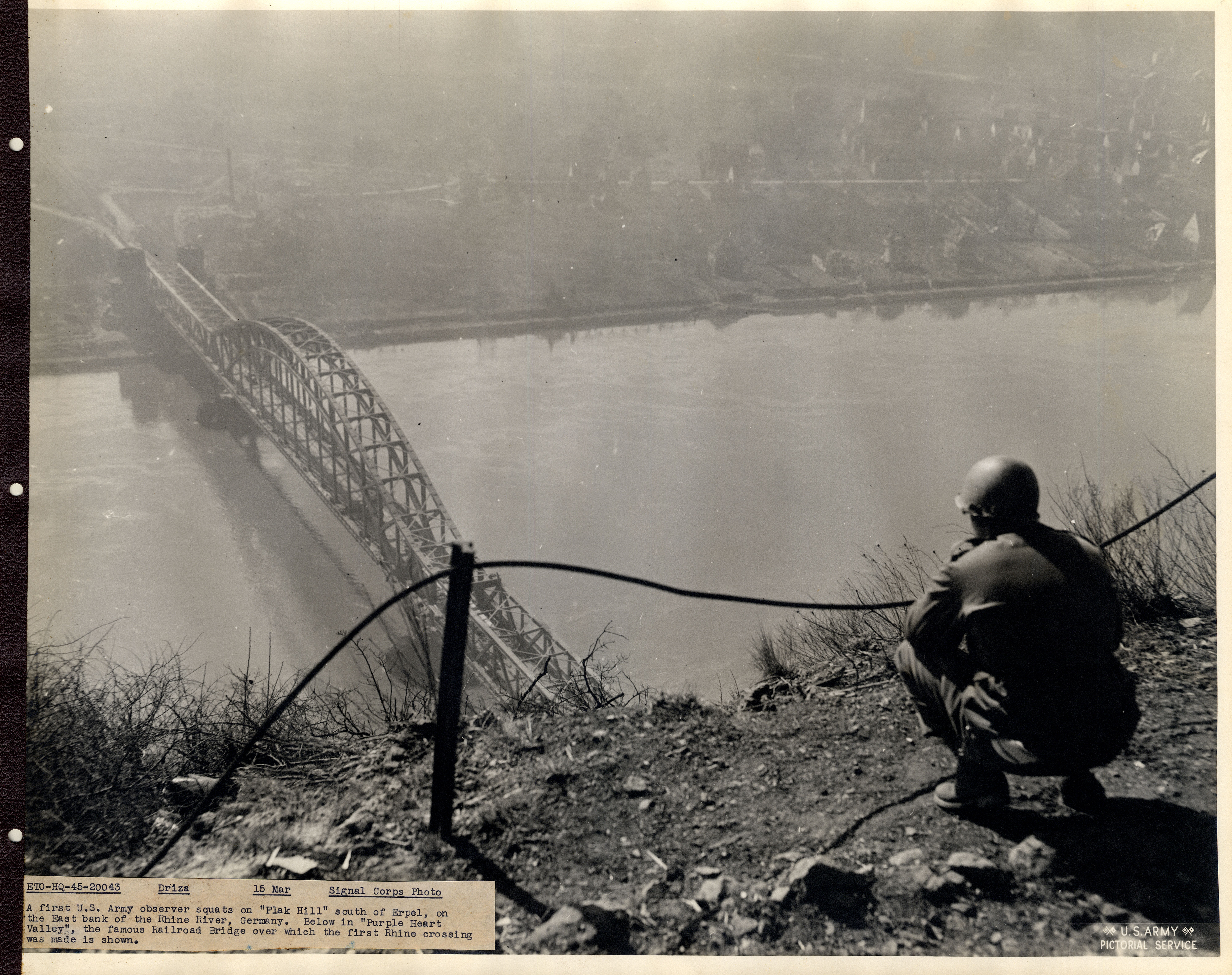 The Ludendorff Bridge at Remagen viewed from the heights of the Erpeler Ley on the east bank of the Rhine, March 1945.