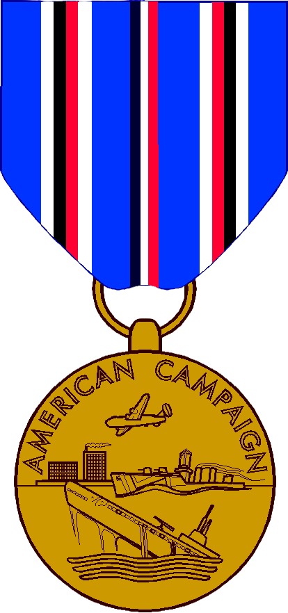 The American Campaign Medal: a bronze medallion on a blue ribbon with red, white, and black stripes.