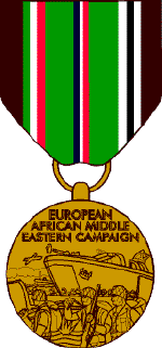 The European-African-Middle Eastern Campaign Medal: a bronze medallion showing an amphibious landing scene, hung from a ribbon of brown, green, and bright stripes.
