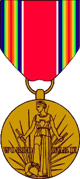 The World War II Victory Medal: a bronze medallion with a figure of Liberty, on a rainbow-striped red ribbon.