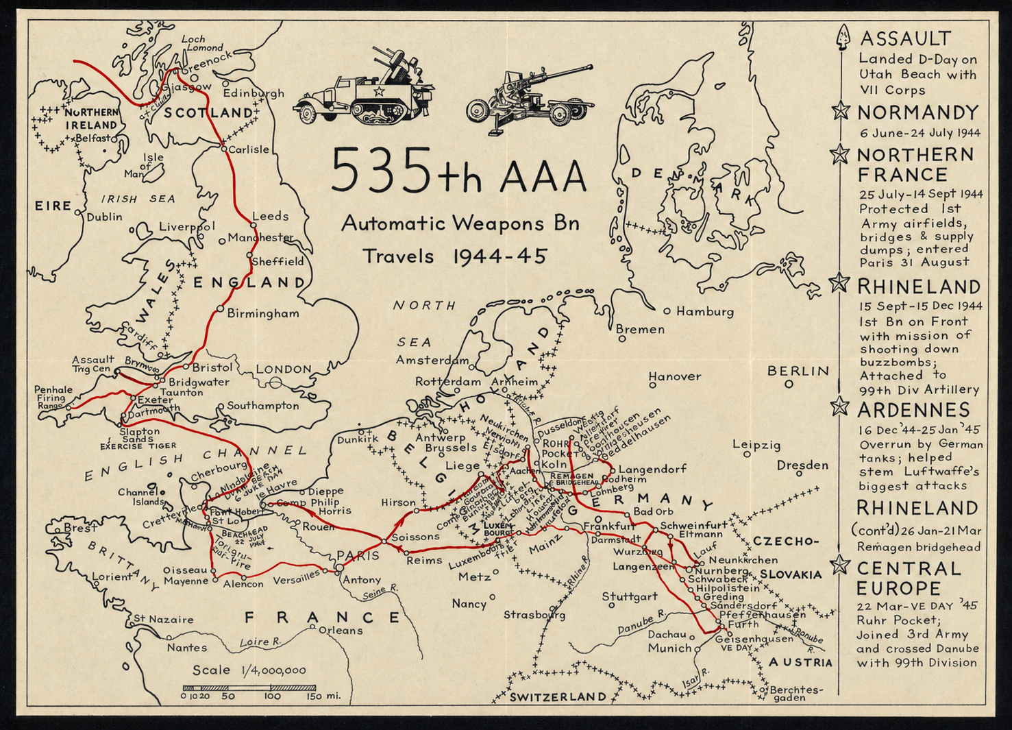 The 535th AAA AW Battalion's own hand-drawn travel map, 1944–45. A red line traces the battalion's route from its English staging area across the Channel to Utah Beach, through northern France, Belgium, and into Germany, with a campaign narrative down the right margin listing Normandy, Northern France, Rhineland, Ardennes, and Central Europe.